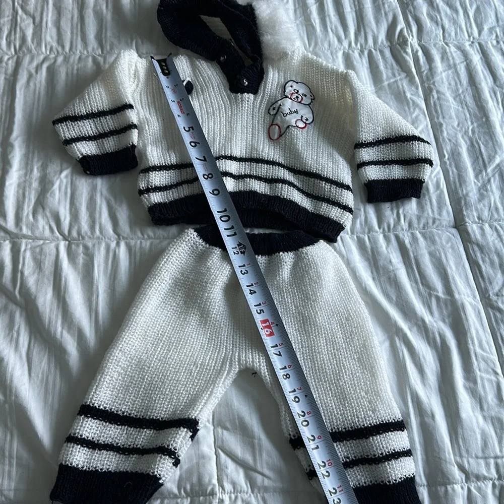 Vintage teddy bear Adorable White and Black Knit Baby Outfit